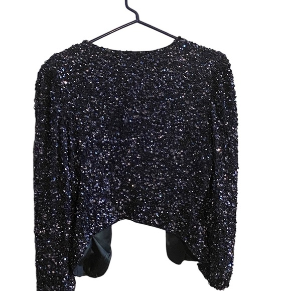 Parker Silk Navy Sequin Open Blazer Fabulous Festive Glam Holiday Evening Jacket - Picture 7 of 14